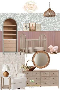 a baby's room with pink walls and furniture