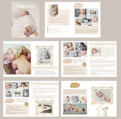 a baby's birth announcement card with photos and gold trimmings on it