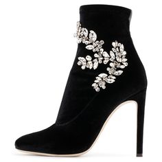 Step into luxury and elegance with the Black Velvet Boots Rhinestone Embellished Stiletto Heel Booties. These eye-catching booties feature sparkling rhinestone embellishments on their luxurious black velvet exterior, creating a glamorous statement piece. The stiletto heel adds a touch of femininity and accentuates your legs, while the versatile design complements various outfits. Enjoy both style and comfort with these booties, crafted with attention to fit and support. Embrace sophistication and charm with these Black Velvet Booties, a must-have addition to your footwear collection. Handcrafted US sizing. Fits true to size. Heel Height: 4.72" / 120 mm approx Product measurements were taken using size 8. Please note that measurements may vary by size. Eye-Catching Rhinestone Embellishments Country Music Outfit, Black Velvet Boots, Boots For Work, Pencil Heels, Velvet Ankle Boots, Luxury Boots, Womens Black Booties, Work Formal, Custom Boots