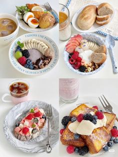 there are four pictures of different breakfast foods on the table and in front of each other