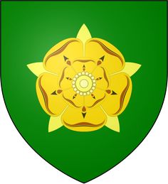 a green shield with a yellow flower on it