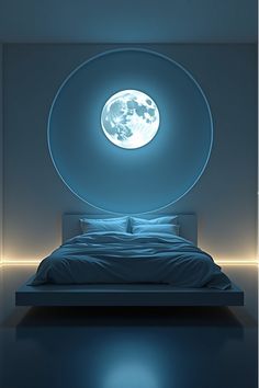 Minimalist bedroom with moon-framing window and LED constellations Cosmic Bedroom, Minimal Modern Bedroom, Bedroom Aesthetics, Bedroom Ideas Aesthetic, Ceiling Murals, Aesthetic Space, Space Mountain, Trendy Bedroom, Minimal Modern