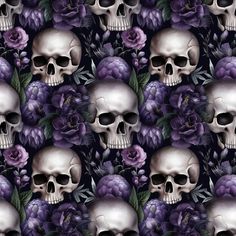 a bunch of skulls and flowers on a black background