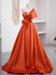 Orange Long Satin Prom Dresses with Bow, Oranage Long Satin Formal Evening Dresses Orange Spaghetti Straps Evening Dress, Orange A-line Evening Dress, Prom Dresses Cheap, Prom Dresses With Pockets, Simple Prom Dress, Spaghetti Strap Prom Dress, Orange Satin, Dresses Cheap, Cheap Custom