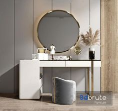 a white dressing table with a round mirror above it