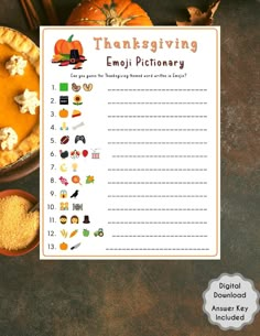 a thanksgiving printable with pumpkins, pie and other items to make an emojtionary