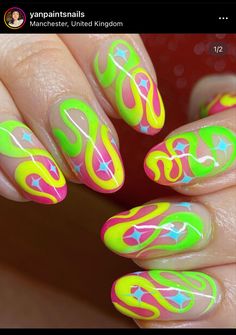 Neon Nails Swirl, Pink Green Nails, Candy Nail Art, Creative Nail Art, Candy Nails, Unghie Nail Art, Retro Nails, Pretty Nail Art Designs, Pretty Nail Art