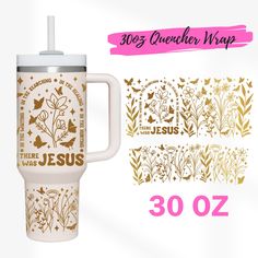 a white and gold travel mug with the words jesus printed on it, next to an image of flowers