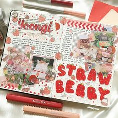 the contents of a scrapbook spread out on a bed with pencils and markers