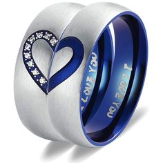 two wedding rings with hearts and paw prints on the sides, one has blue enamel inlays