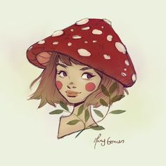 a drawing of a girl wearing a red mushroom hat with leaves around her neck and nose