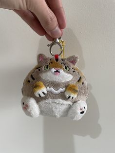 a hand holding a keychain shaped like a cat with paws on it's chest