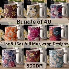 coffee mugs with flowers on them and the words bundle of 40 in different colors