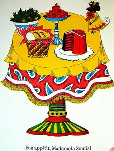 a painting of a yellow table with red and green decorations on it's top