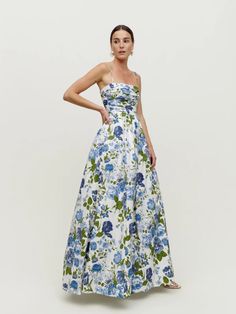 Kastoria Dress - Strapless Bridal Shirting/Poplin | Reformation Floral Dress Wedding Guest, Summer Bridesmaid Dresses, Floral Bridesmaid Dresses, Floral Bridesmaid, Fitted Maxi Dress, Floral Gown, Reformation Dress, Camisole Dress, Wedding Guest Outfit Summer