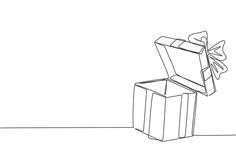 a black and white drawing of a gift box with a bow on it's top