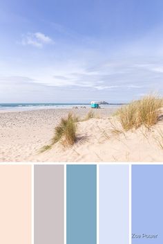 a beach scene with blue, pink and green colors