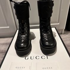 Black Lifford Charlotte Gucci Boots In Leather With Logo On Band. Brand New, Comes With Box, Dust Bags And Shopping Bag. Please Note Size 37 But Fits 7.5, Runs Large Gucci Luxury Round Toe Boots, Gucci Luxury Boots With Round Toe, Gucci Luxury Ankle Boots, Gucci Designer Ankle Boots, Luxury Gucci Boots With Round Toe, Gucci Designer Leather Boots, Designer Gucci Ankle Boots, Designer Gucci Leather Boots, Gucci Black Round Toe Boots