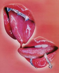 a painting of two red lips with one open and the other closed, on a pink background