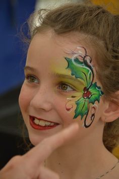 Holly berry with swirls Xmas Makeup, Girl Face Painting, Dog Water Fountain, Doll Face Paint