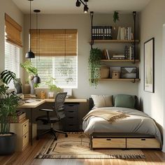 a bedroom with a bed, desk and shelves filled with plants on the wall next to it