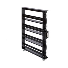 an image of a black rack with wheels on the bottom and one shelf attached to it