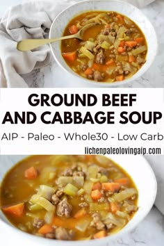 two bowls of ground beef and cabbage soup on a marble counter top with text overlay