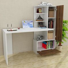 a white desk with bookshelf and shelves