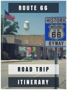 road trip itinerary with route 66 in the background and an image of a man's face