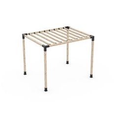 a wooden bed frame with black legs and no headboard on it, in front of a white background