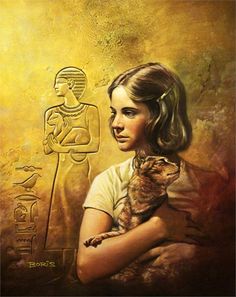 a painting of a woman holding a cat with an egyptian statue in the back ground