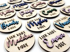 wooden name badges with the words look what i made, look what i made on them