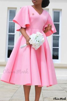 Olivia Mark - Pink Patchwork V Neck Short Sleeve Dress - A Stylish and Versatile Addition to Your Wardrobe Convocation Dress, Choir Uniforms, Vestidos Color Rosa, White Prom, Office Dresses For Women, White Prom Dress, Dress Sleeve Styles, Dress Women Elegant, Ruffles Fashion