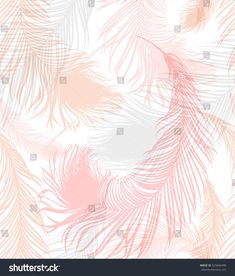 a pink and white background with feathers on the bottom, in shades of peachs