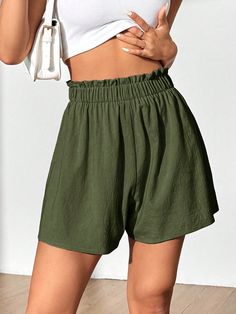 Women Loose Solid Color Ruffled Waist Casual Shorts Army Green Casual   Woven Fabric Plain Wide Leg Non-Stretch  Women Clothing, size features are:Bust: ,Length: ,Sleeve Length: Army Green, Women Clothing, Woven Fabric, Womens Bottoms, Casual Shorts, Length Sleeve, Wide Leg, Solid Color, Sleeve Length