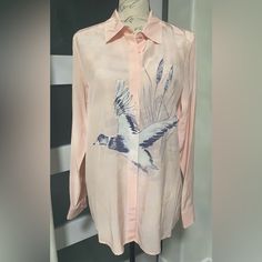 This Blouse Features A Dress Shirt Collar With A Tie Detail At The Neckline. The Long Flutter Sleeves And Relaxed Style Make It A Comfortable And Stylish Choice. Bundle And Save Dress Shirt Collar, Flutter Sleeve Blouse, Light Peach, Bird Print, Flutter Sleeves, Bird Prints, Shirt Collar, Relaxed Style, Flutter Sleeve