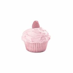 a pink cupcake with white frosting and a strawberry on top is shown against a white background