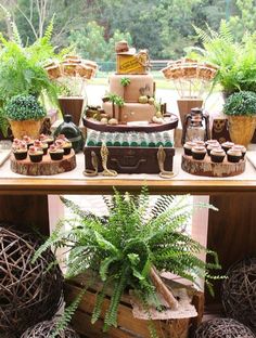 a table topped with lots of potted plants next to a wooden box filled with cake