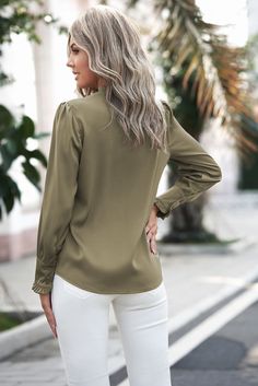 Green Frilled V Neckline Buttoned French Shirt Collared Khaki Top For Office, Khaki Collared Top For Office, Elegant Khaki Fall Blouse, Elegant Khaki Blouse For Fall, Elegant Khaki Tops For Office, Elegant Khaki Office Tops, Elegant Khaki Tops For Fall, Elegant Khaki Button-up Tops, Elegant Khaki Tops For Spring