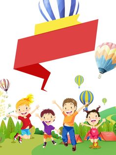 group of children with hot air balloons in the sky above them, illustration stock photo