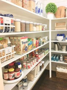 an organized pantry with lots of food and supplies on shelves, including breads, cereals, eggs, milk, and other items