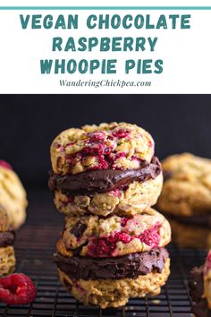 vegan chocolate raspberry whoope pies stacked on top of each other