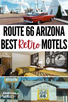 Montage of motels on route 66 in Arizona, two exterior shots, one showing double room Route 66 Arizona, Travel Arizona, Arizona Road Trip, East Coast Road Trip, Perfect Road Trip, Road Trip Packing