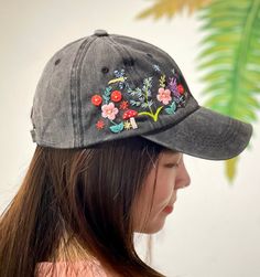 Hand Embroidery Wild Flower Hat, Daisy Embroidered Baseball Cap, Embroidered Flower Hat, Embroidered Denim Cap,Hat For Women, Women Summer Hat, Gift for Her, Gift for Mom, Birthday Gift. We can make other flowers and add personalization. If you have any requirement, please note it in the order or message us. Thank you! 📍Product name: Hand embroidered flower hat Design: hand embroidered with wild flowers, daisy, bee, rose, mushroom, sunflower Cap size (head circumference): 55 - 60 cm; Fabric: 100% cotton  📍Products are hand-embroidered entirely from Vietnamese craftsmen. Each stitch is meticulously embroidered, the colors are harmonious. Please store the hat in a dry place, if you need to clean it, be gentle with it, do not put it in the washing machine. 📍Shipping - They are hand-made an Casual Black Hat With Custom Embroidery, Trendy Embroidered Cap, Trendy Embroidered Curved Bill Trucker Hat, Embroidered Adjustable Trucker Hat With Curved Bill, Spring Snapback Baseball Cap With Letter Embroidery, Adjustable Embroidered Trucker Hat With Curved Bill, Adjustable Hat With Letter Embroidery For Spring, Custom Embroidered Cap One Size Fits Most, Spring Adjustable Hat With Letter Embroidery