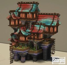 House Designs Exterior Minecraft, Minecraft Colorful Builds, Tower Roof Minecraft, Steampunk Minecraft Builds, Minecraft Towers, Minecraft Japanese, Minecraft Steampunk, Sky Tower, Minecraft Mansion