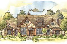 this is an artist's rendering of the front elevation of these tudor style house plans