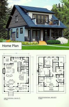 two story house plans with an open floor plan for the front and back of the house