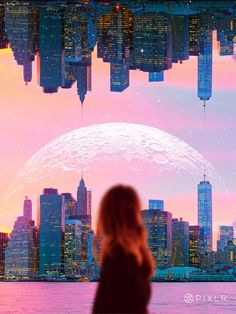 a woman standing in front of a city skyline with an image of the moon above it