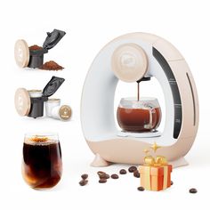 an espresso machine with coffee coming out of it and various ingredients surrounding it