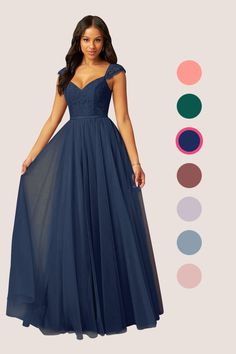 a woman in a long blue dress with different colors and shapes to choose from for her